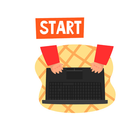 Laptop and hands on the keyboard, ecommerce, business start up project vector Illustration on a white backgroundのイラスト素材