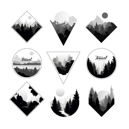 Set of monochrome landscapes in geometric shapes circle, triangle, rhombus. Natural sceneries with wild pine forests.