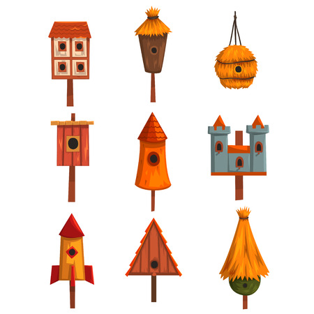 Birdhouse set, bird houses, nesting boxes cartoon vector Illustrationsのイラスト素材