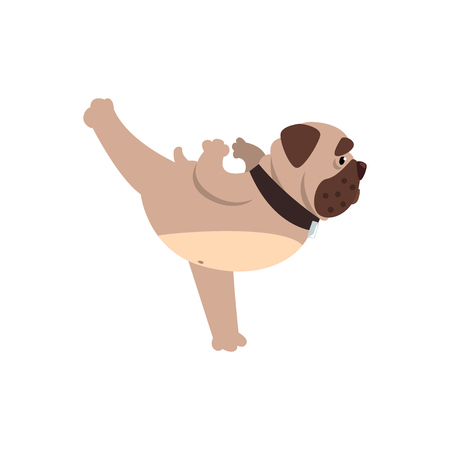 French bulldog standing in warrior or virabhadrasana pose, funny dog practicing yoga cartoon vector Illustration on a white backgroundのイラスト素材