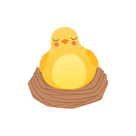 Cute baby chicken sleeping in the nest, funny cartoon bird character vector Illustration isolated on a white backgroundのイラスト素材