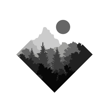 Beautiful nature landscape with silhouette of forest and mountain, natural scene icon in geometric shape design, vector illustration in black and white colorsのイラスト素材