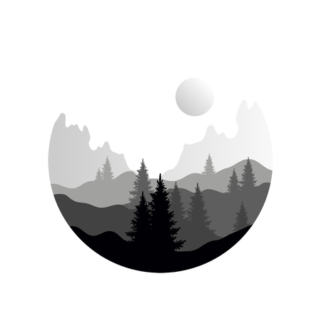 Beautiful nature landscape with silhouettes of coniferous trees and mountains, natural scene icon in geometric round shaped design, vector illustration in black and white colors, flat styleのイラスト素材