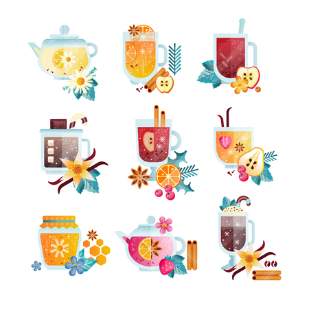 Hot drinks with fruits, berries, spices and herbs set.のイラスト素材
