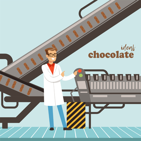 Chocolate factory production line. Male controlling the production process vector Illustrationのイラスト素材