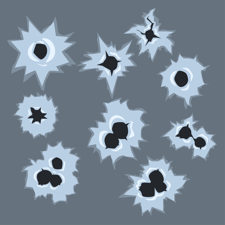 Bullet holes with white cracks and scratches, bullet marks on glass vector illustration on transparent gray background.のイラスト素材