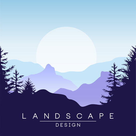 Beautiful peaceful mountains landscape at sunset, nature background for banner, flyer, poster and cover, vector ilustrationのイラスト素材