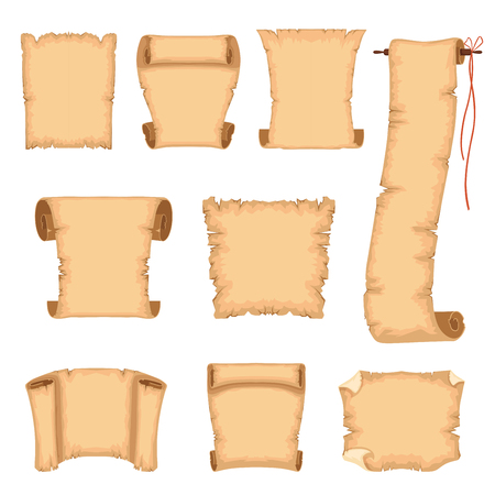 Ancient paper scrolls set, ancient parchments vector Illustrations on a white backgroundのイラスト素材