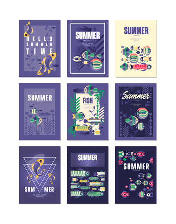 Summer holidays, travel and fishing greeting cards set of vector Illustrations, design element for banner or posterのイラスト素材
