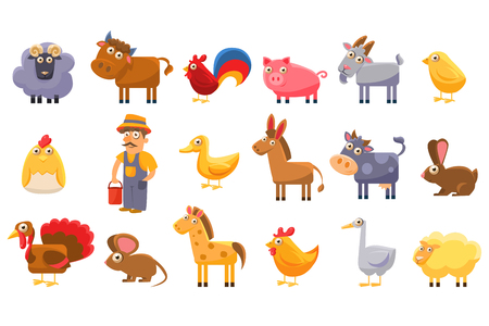 A Farm animals set, male farmer, livestock and pets cartoon vector Illustrations on a white backgroundのイラスト素材
