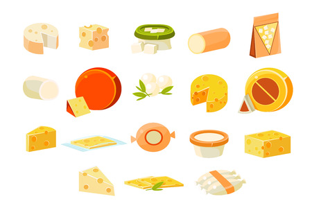 Collection of cheesets, pieces of popular kinds of cheeset vector Illustrations isolated on a white background.のイラスト素材