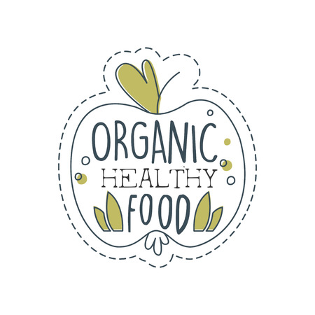 Organic healthy food icon template, label for food store, vegan shop, vegetarian cafe, ecology company, natural products, ecology market, farming hand drawn vector illustration.のイラスト素材