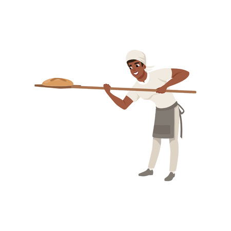 Smiling African American baker character in uniform taking out with shovel freshly baked bread vector illustration on a white background.のイラスト素材