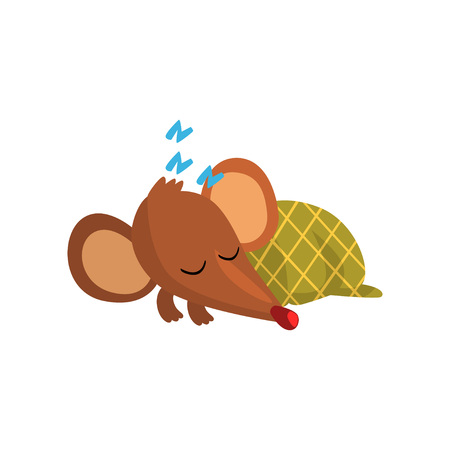 Cute brown mouse sleeping on the floor wrapped in green blanket, funny rodent character cartoon vector illustration on a white background.のイラスト素材
