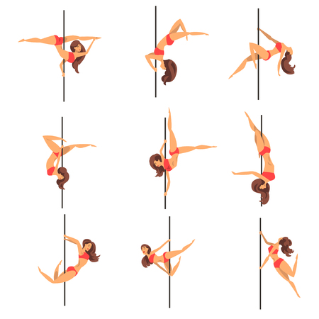 Young pole dancing women set, beautiful pole dancers showing some tricks vector Illustrations on a white backgroundのイラスト素材