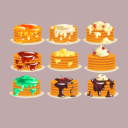 Various kinds of pancakes with different ingredients, traditional breakfast food with berries, syrup, butter set of vector illustrations.のイラスト素材