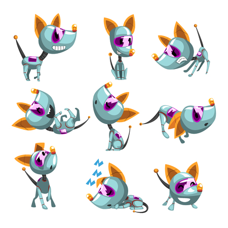 Cute robotic dog set, funny robot animal in different actions vector Illustrations isolated on a white background.のイラスト素材
