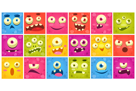 Colorful square funny face of monsters with different emotionsのイラスト素材