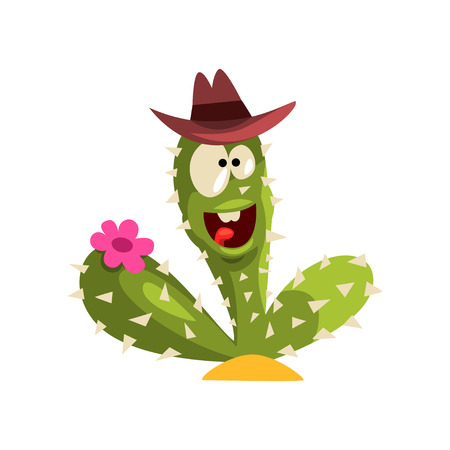 Green cactus character with hat and flower, succulent plant with funny face vector Illustration isolated on a white background.のイラスト素材