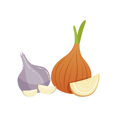 Garlic and onion bulbs, natural remedies for cold treatment vector Illustration on a white backgroundのイラスト素材