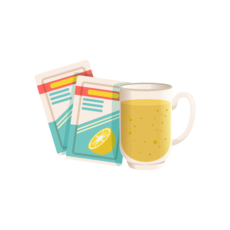 Medical powder sachet, lemon flavor dissolving in glass of water. Cold remedy vector illustration isolated on a white background.のイラスト素材