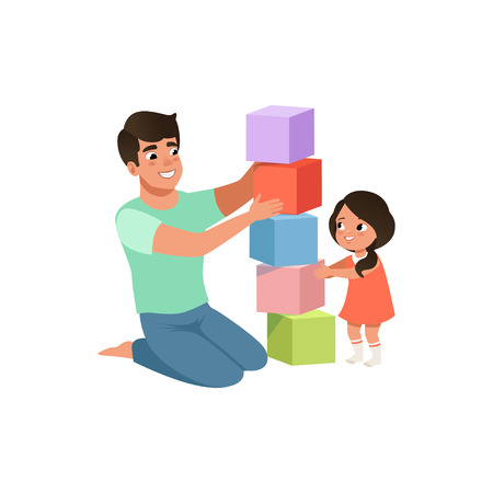 Smiling dad playing cubes with his daughter, loving father and kid spending time together vector Illustration isolated on a white background.のイラスト素材