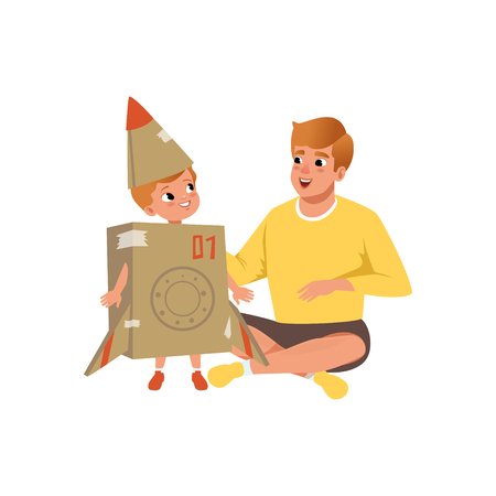 Dad and his little son playing with cardboard airplane, loving father enjoying time together vector Illustration isolated on a white background.のイラスト素材