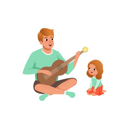 Father playing guitar music to his daughter, loving dad and kid spending time together vector Illustration isolated on a white background.のイラスト素材