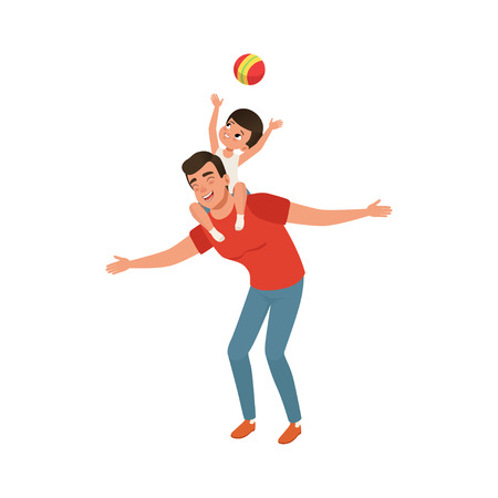 Boy playing ball while sitting on daddys shoulders, loving father and kid spending time together vector Illustration isolated on a white background.のイラスト素材