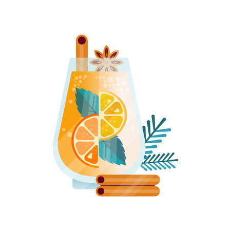 Vitamin healthy herbal tea, spicy drink with with citrus fruits, cinnamon, anise and rosemary in glass vector Illustration isolated on a white background.のイラスト素材