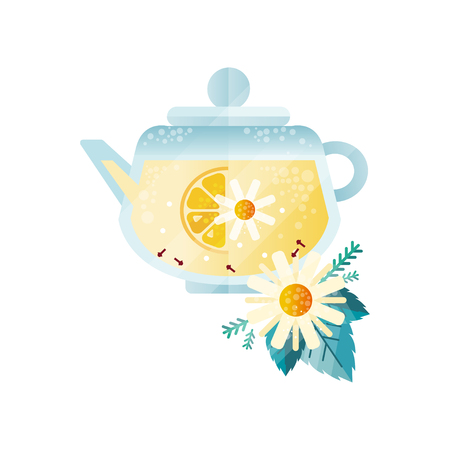 Herbal tea, vitamin healthy drink with lemon, chamomile and mint in transparent kettle vector Illustration on a white backgroundのイラスト素材