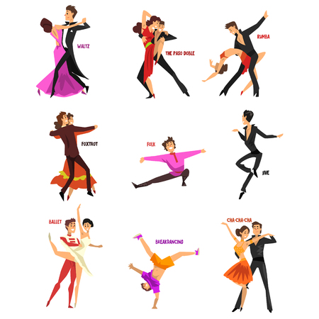Professional dancer people dancing, young man and woman dressed in elegant clothing performing dances vector Illustrations isolated on a white background.のイラスト素材
