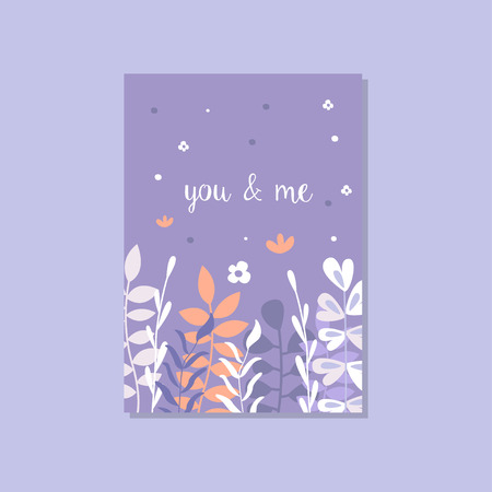 Romantic greeting card with the inscription You and me, trendy postcard for Valentines day, anniversary vector Illustration, elegant design element with decorative flowersのイラスト素材