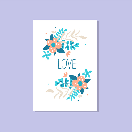 Romantic greeting card with the inscription Love, trendy elegant postcard vector Illustration, design element with decorative flowersのイラスト素材