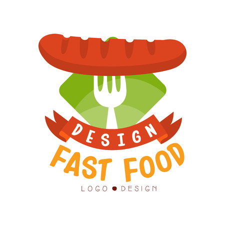Fast food design, badge with sausage on a fork, fast food menu vector Illustration on a white backgroundのイラスト素材