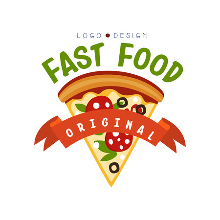 Fast food original design, badge with pizza sign, fast food menu vector Illustration on a white backgroundのイラスト素材