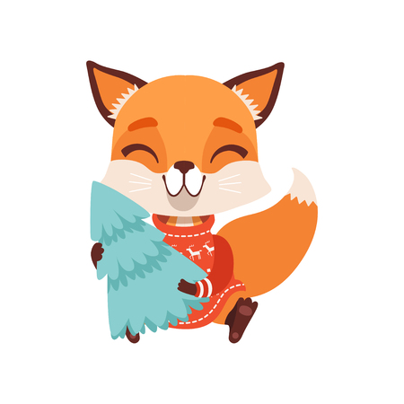 Smiling fox character wearing red sweater sitting and holding fir tree, funny forest animal vector Illustration on a white backgroundのイラスト素材