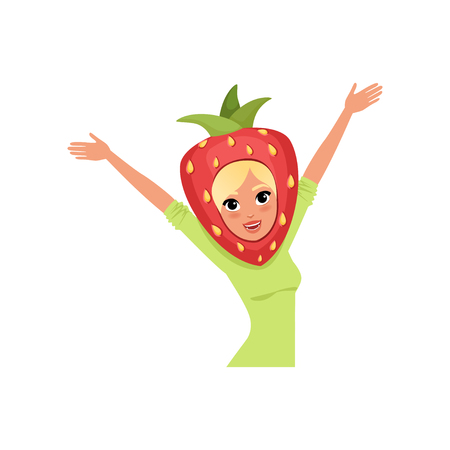 Smiling woman character in strawberry headwear vector Illustration on a white backgroundのイラスト素材