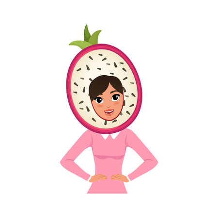 Smiling woman character in dragon fruit headwear vector Illustration isolated on a white background.のイラスト素材
