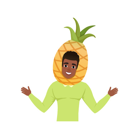 Smiling man character in pineapple fruit headwear vector Illustration isolated on a white background.のイラスト素材