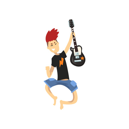 Young guitarist of rock band in jumping action. Guy with crazy hair wearing blue shorts and black t-shirt. Cartoon kid character with electric guitar. Flat vector design isolated on white background.のイラスト素材