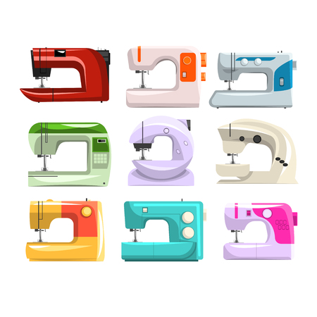 Sewing machine set, modern machine in different colors vector Illustrations isolated on a white background.のイラスト素材