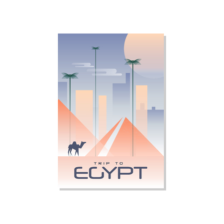 Trip to Egypt, travel poster template, touristic greeting card, vector Illustration for magazine, presentation, banner, book cover, flyerのイラスト素材