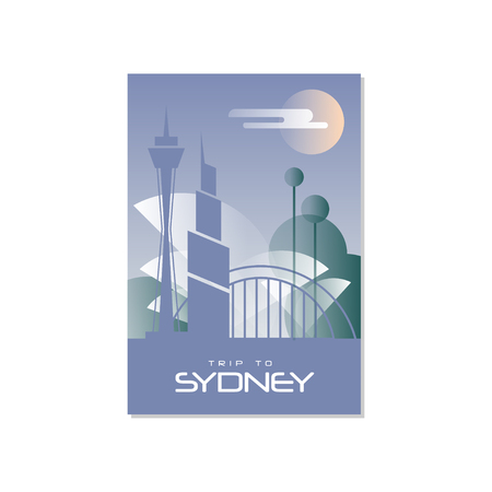 Trip to Sydney, travel poster template, touristic greeting card, vector Illustration for magazine, presentation, banner, book cover, flyerのイラスト素材