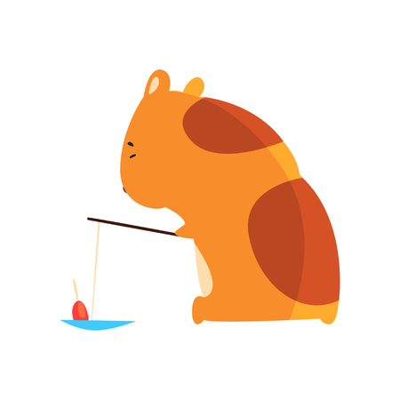 Cute cartoon hamster character fishing, funny brown rodent animal pet vector Illustration on a white backgroundのイラスト素材