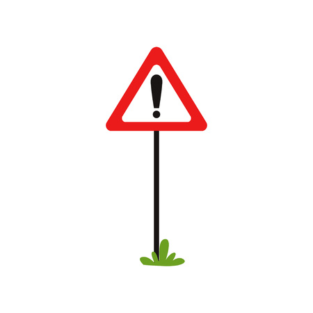 Triangular road sign with exclamation mark. Warning traffic sign indicates hazard ahead. Possible danger. Flat vector design for educational mobile app or bookのイラスト素材