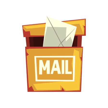 Cartoon illustration of shabby mailbox with letter envelope. Old yellow hanging postbox. Colorful flat vector design for web site or mobile appのイラスト素材