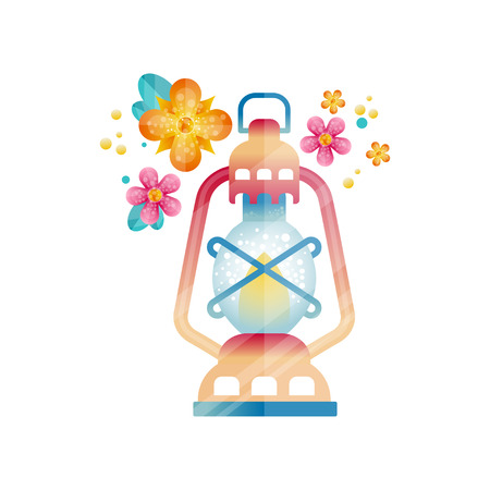 Traditional arabic lantern, Muslim Ramadan colorful oil light lamp decorated with flowers vector Illustrationのイラスト素材