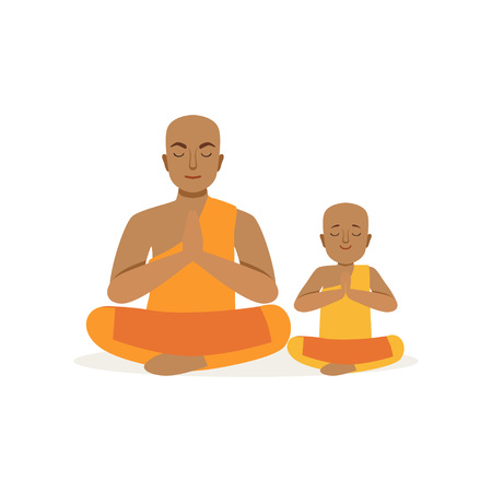 Buddhist father and his little son meditating in lotus position. Religious family. Man and boy in national costumes. Cartoon people characters. Flat vector designのイラスト素材