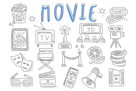 Vector set of doodle icons related to cinema. Movie production objects. Videocassette, director s chair, retro television, sad and happy mask, 3D glasses, popcornのイラスト素材